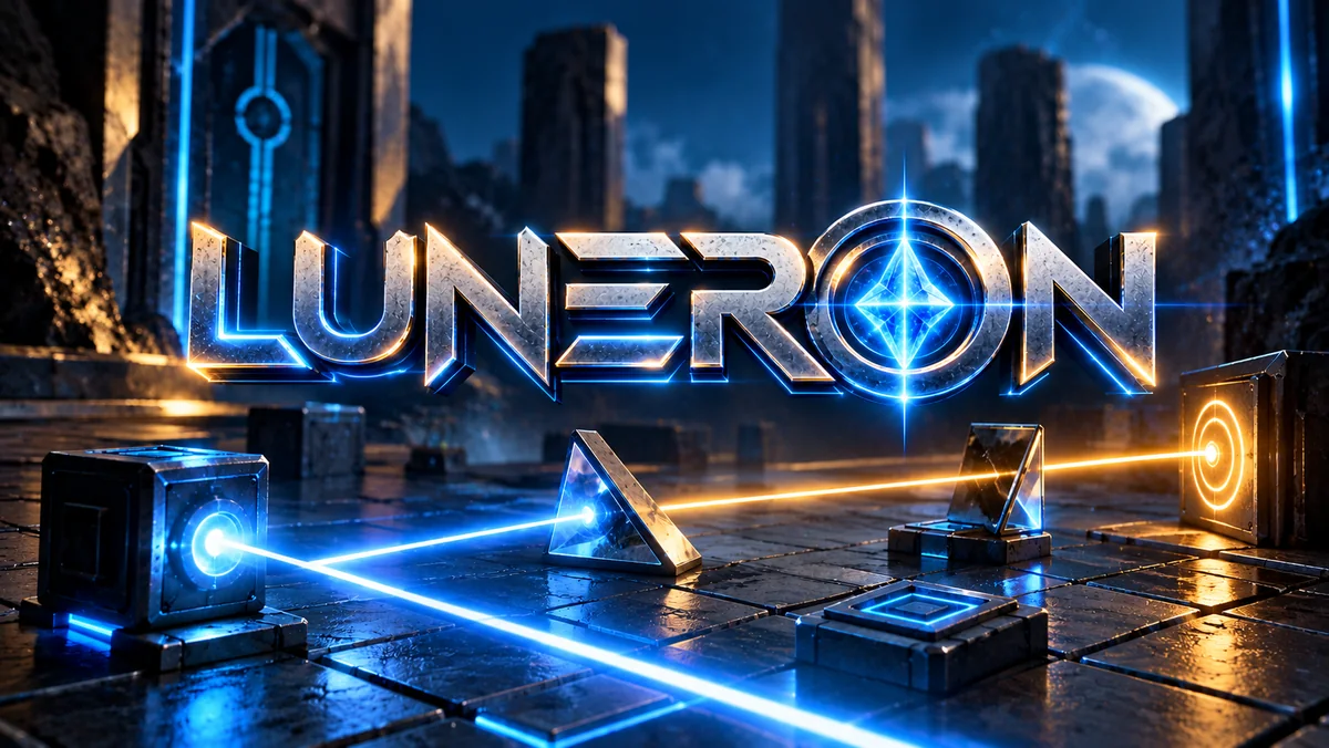 LUNERON — a sci-fi puzzle scene where a laser bounces off mirrors to reach energy crystals